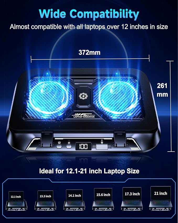 Laptop Cooling Pad with Dual Core Cooler Gaming Laptop Cooler with 5.5in 2 Powerful Turbofan(9500 RPM) Fast Cooling Laptop 12-21in 5 Height Stands 100 Gear Speed LCD Screen RGB Phone Holder
