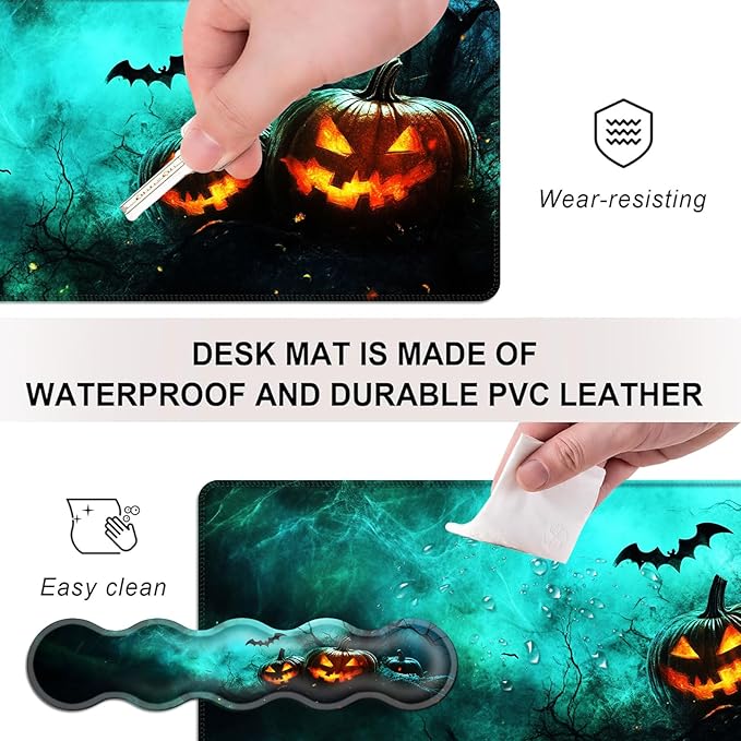 Mouse PadLarge Desk Mat Set 4in1 XL Mousepad + Keyboard Wrist Rest+Mouse Wrist Rest+Coaster with Ergonomic Desk Pad for Home Office Table Computer Cover -Halloween Pumpkins and Bat
