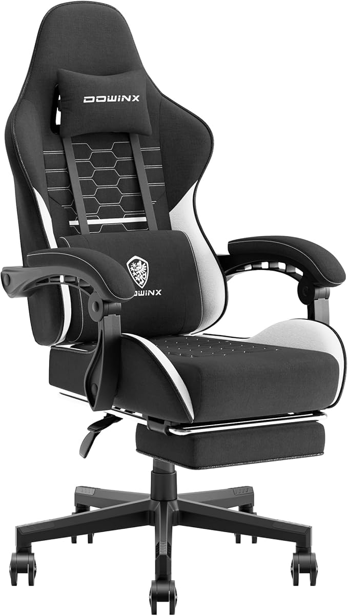 Dowinx Gaming Chair Fabric with Pocket Spring Cushion Massage Game Chair Cloth with Headrest Ergonomic Computer Chair with Footrest 290LBS Black White