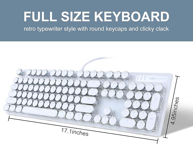 Camiysn Typewriter Style Mechanical Gaming Keyboard White Retro Punk Gaming Keyboard with Blue Backlit 104 Keys Blue Switch Wired Cute Keyboards Round Keycaps for Windows/Mac/PC