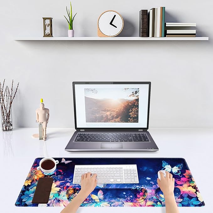 DINKY Keyboard Mouse Pad Set Large Gaming Mousepad + Memory Foam Ergonomic Keyboard Wrist Rest Support Easy Typing Pain Relief 4Pcs (35.4 x 15.7) Extended Desk Mat-Butterflies
