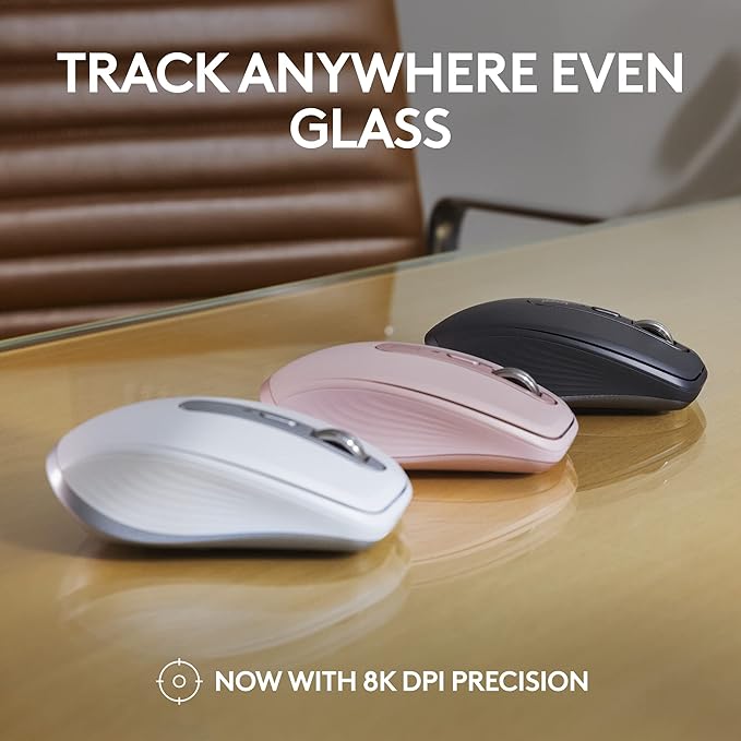 Logitech MX Anywhere 3S Compact Wireless Mouse Fast Scrolling 8K DPI Any-Surface Tracking Quiet Clicks Programmable Buttons USB C Bluetooth Windows PC Linux Chrome Mac - Pale Grey