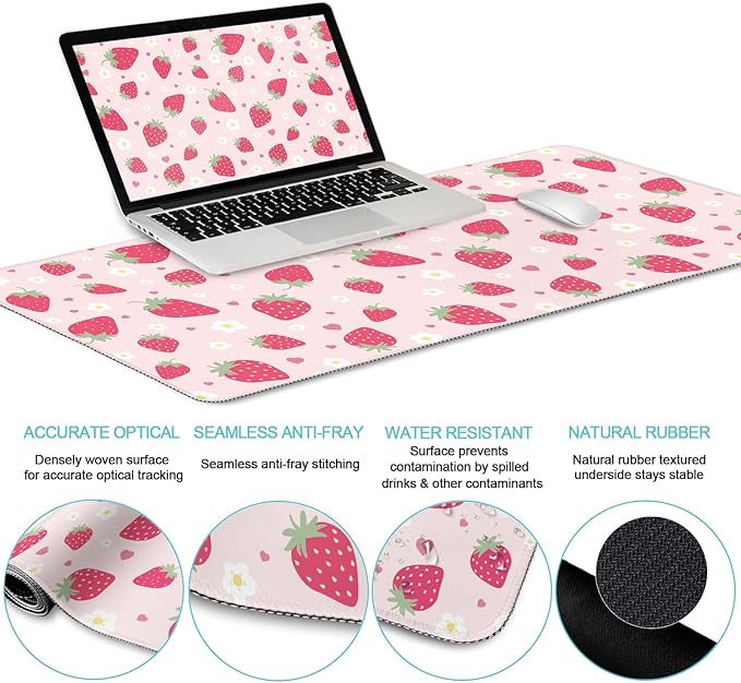 Strawberry Mouse Pad Desk Mat Set Pink Ergonomic Mouse Pad with Wrist Rest Large Gaming Mousepad Wrist Support Keyboard Mat Cup Coaster Set Cute Office Desk Decor Accessories Supplies