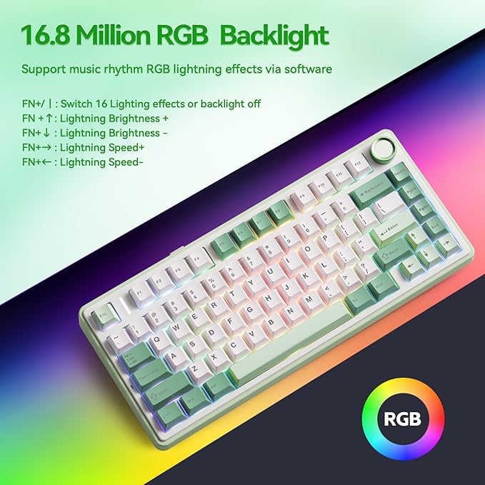 Aula F75 Gaming Keyboard 75% Wireless Keyboards RGB Backlit with Knob Tri-Mode Hot Swappable Mechanical Keyboard for PC Gamer - Green