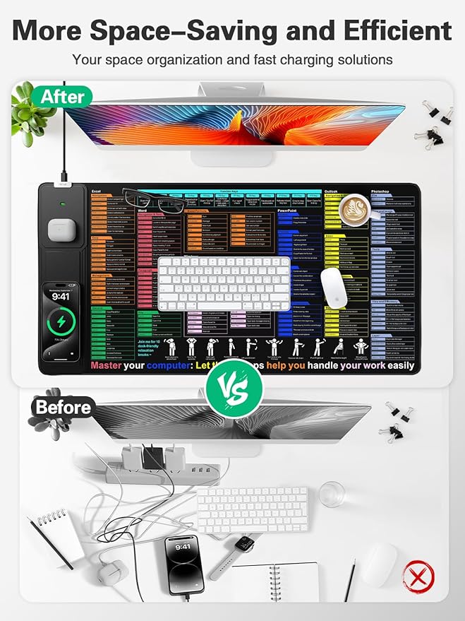 Mouse Pad with Foldable Phone Holder Wireless Charging Desk Mat with Excel Shortcut Keys 31.5x15.8 Large Mousepad with Superior Micro-Weave Cloth XXL Desk Pad Non-Slip Waterproof