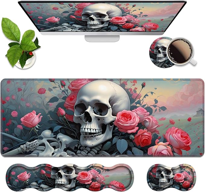 4 in 1 Ergonomic Memory Foam Mouse Pad Wrist Rest Set Large XXL Gaming Desk Pad + Keyboard Wrist Rest + Mouse Wrist Cushion + Coaster for Home Office Study Gaming Skull Roses