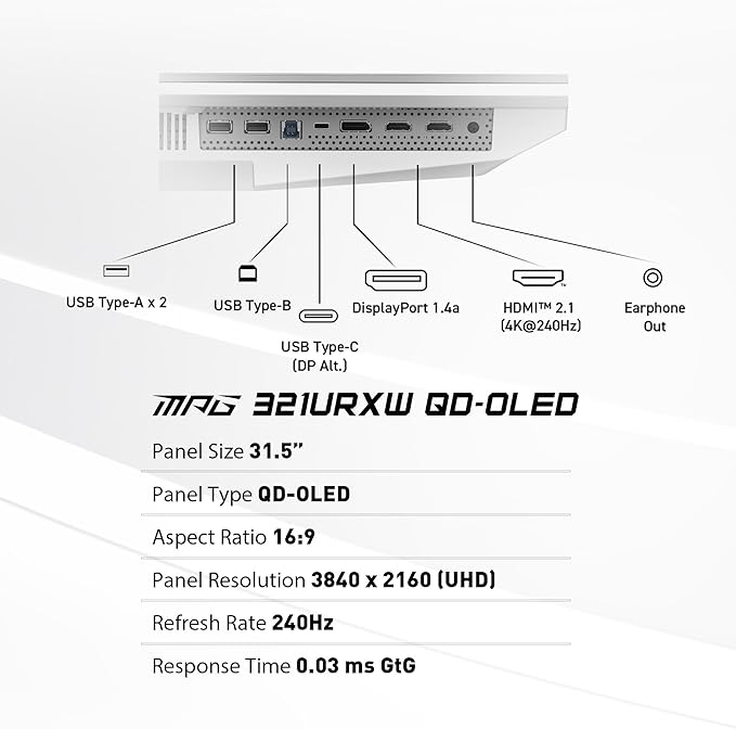 msi MPG 321URXW QD-OLED 32-inch 3840 x 2160 (UHD) Computer Monitor 240Hz Adaptive-Sync HDMI DP Port VESA Mountable Tilt Speaker 0.03ms White