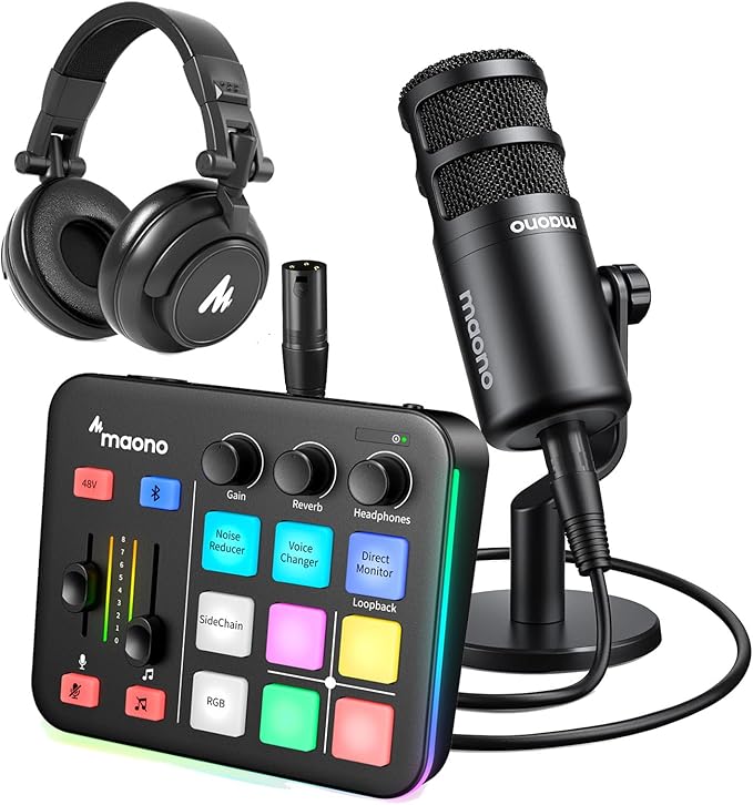 MAONO Gaming Audio Mixer &amp XLR Dynamic Microphone&amp Hadphone Audio Interface with Pro-preamp RGB Bluetooth 48V Phantom Power for Live Streaming Podcasting Content Create Gaming