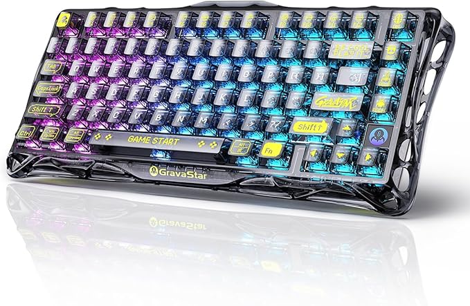 GravaStar Mercury K1 Lite 75% Gaming Keyboard 2.4GHz/BT/Wired Tri-Mode Wireless Keyboard Gasket Hot Swappable Mechanical Keyboard Pre-lubed Linear Switches RGB Backlit (Transparent Black)