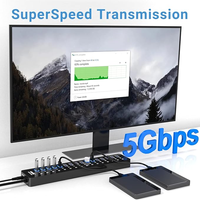 Power USB Hub 3.0 atolla 16 Port USB Splitter with 12V/6A Power Adapter and Individual Switches High-Speed Data Transfer for Laptop PC Mac and More Devices