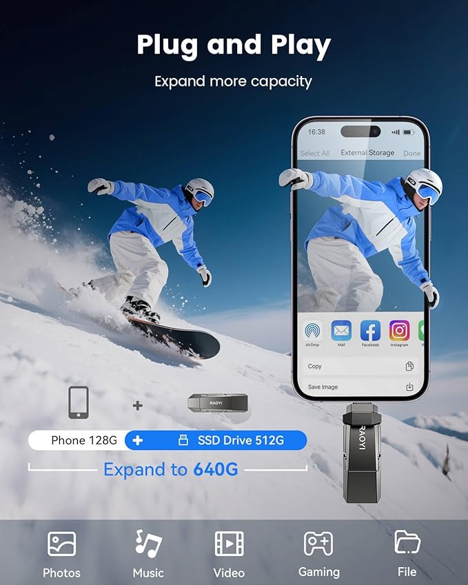 RAOYI 512GB USB C External SSD 2-in-1 Solid State Drive Up to 450MB/s Dual USB 3.2 + Type-C Thumb Drive Portable SSD Drive for iPhone 15/16/17 Android Tablet PC and PS4