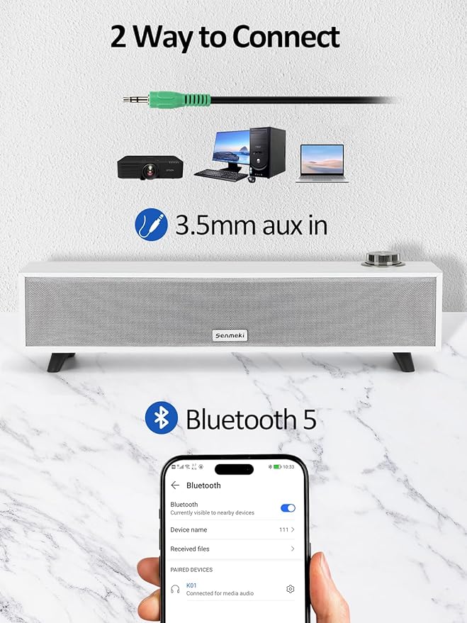 Computer Speakers 10W Computer Sound Bar USB Powered PC Speakers Bluetooth 5.0 and RCA Input pc Speakers for Desktop Laptops Phonograph Phones Tablets(K01)