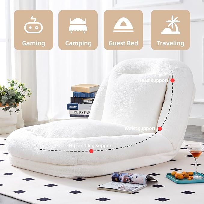 Folding Floor Lounge Chair - 5-Position Adjustable Sofa Chair for Gaming &amp Meditation Plush Ergonomic Support Portable Foldable Design for Living Room Apartment Small Space (Beige)