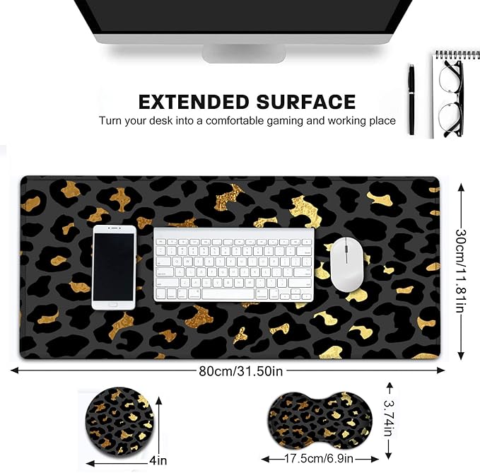 Large Gaming Mouse Pad31.5x11.8 in Extended Computer Mouse Mat with Non-Slip PU Base Ergonomic Memory Foam Keyboard Wrist Restfor Work GamingWriting Pad Gold &amp Black Leopard Office Desk Pad