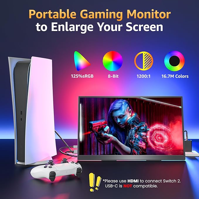 Portable Monitor 18.5 inch FHD 125% sRGB 100Hz IPS HDR HDMI USB-C Travel Monitor for Laptop MacBook PC Surface PS5 Xbox Large External Display with Kickstand &amp Speakers VESA Compatible