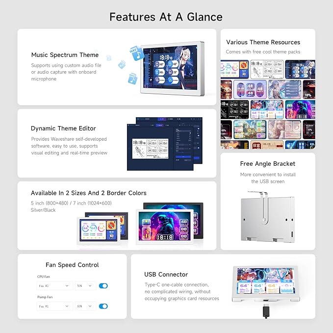 waveshare 5inch USB Monitor PC Case Secondary Screen/Desktop RGB Ambient Screen IPS Panel 800×480 Resolution with Music Spectrum Analysis Function Type-C Interface CNC Metal Case Silver
