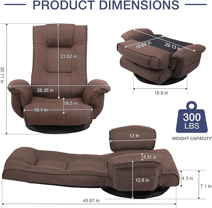 Linen Fabric Ergonomic Gaming Chair 6-Position Reclining Sofa Bed with Lumbar Support Foldable Floor Lounger with Thick Cushion Armrests &amp Side Pockets for Esports Reading Napping (Brown)