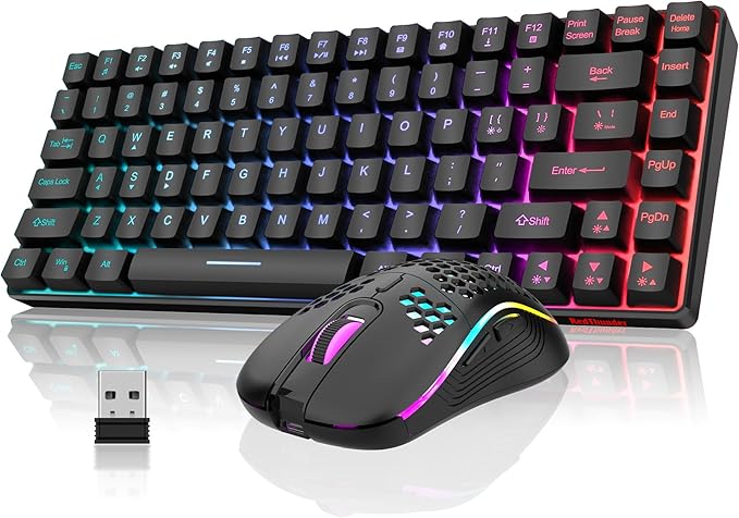 RedThunder K84 Wireless Keyboard and Mouse Combo Rainbow Backlit Rechargeable Battery 75% Layout TKL Ultra Compact Gaming Keyboard &amp Lightweight 3200 DPI Honeycomb Optical Mouse (Black)