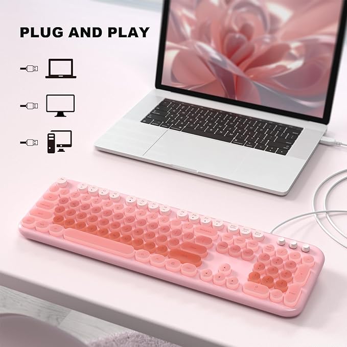 Wired Keyboard with Backlit Light Up Computer Keyboards with Multimedia Keys Full Size Wired Keyboard with Illuminated LED Plug and Play Anti-Wear Letters for Laptop Desktop- Pink Colorful