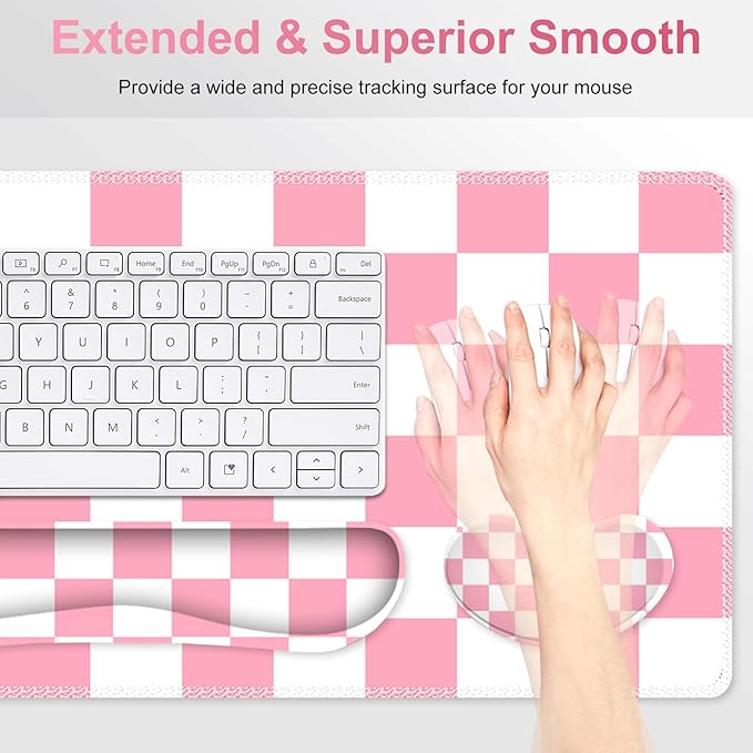 Pastel Pink White Checker Mouse Pad Set 4 in1 Ergonomics Keyboard Desk Mat with Memory Foam Wrist Rest Extended Game Mousepad Non-Slip Large Gaming Desk Pad Matt Easy Typing Pain Relief