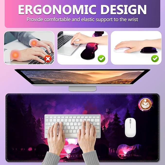 AIMSA Large Mouse Pad and Keyboard Wrist Rest Set Ergonomic Wrist pad for Keyboard and Mouse Mat 4 in 1 Mousepad with Wrist Support Computer Mat Village Evening Glow