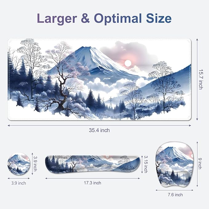 4 in 1 Large Mouse Pad Keyboard Wrist Rest Set Ergonomic Mouse Pad with Wrist Support Desk Mat with Stitched Edges Extended Desk Pad Waterproof Desk Mat for Home Office Game I Snowy Mountain Sun