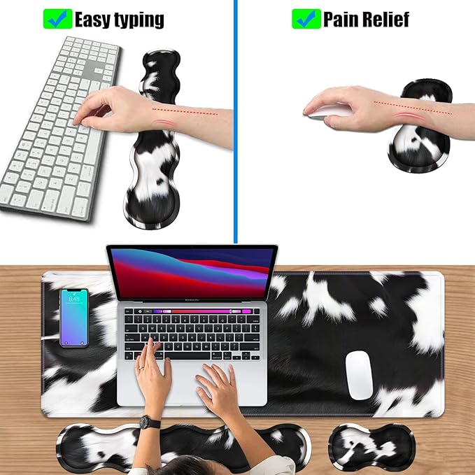 4 in 1 Ergonomic Keyboard Wrist Rest &amp Mouse Pad Wrist Rest Set Large XXL Gaming Desk Mat 31.5x 11.8 with Non-Slip Base Memory Foam for Home Office Study Gaming Black and White Cow Print
