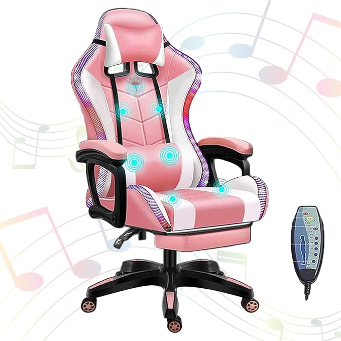 Gaming Chair with Speakers Video Game Chair with RGB Light Ergonomic Racing Computer Chair PU Leather Swivel Recliner E-Sports Chair with Armrest Lumbar SupportPink