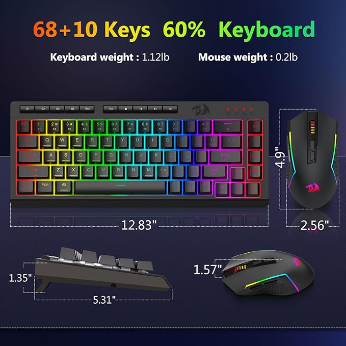 Redragon Wired Gaming Keyboard and Mouse Combo RGB Backlit 60% Mini Macro Membrane Keyboard with Anti-Ghosting &amp Multimedia Keys + 8000 DPI Programmable Optical Mice for PC Laptop