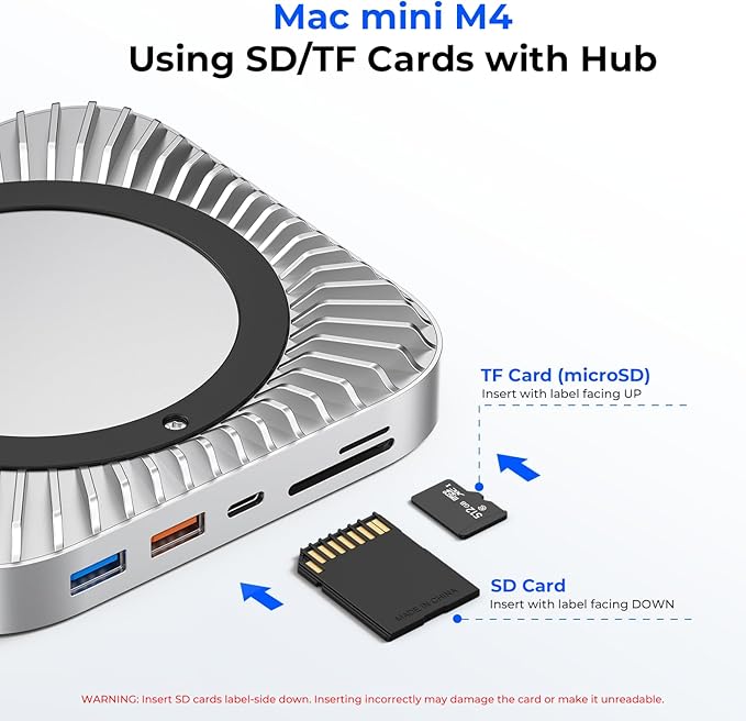 Mac mini M4 Dock Aluminum Stand and HDMI Hub for Mac mini M4 and M4 Pro 2024 with M.2 NVMe/SATA SSD Enclosure 4K60Hz HDMI10G USB A/C 5G USB A*2 USB-C Charge SD/TF Audio