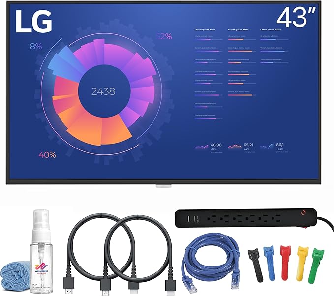 LG ML5K-B 43 Class 4K UHD Digital Signage LED Display | 3840×2160 Resolution Slim Bezel Design &amp 24/7 Operation | Retail &amp Public Display Use + Surge Protector + 2X HDMI Cable + Cable Ties +