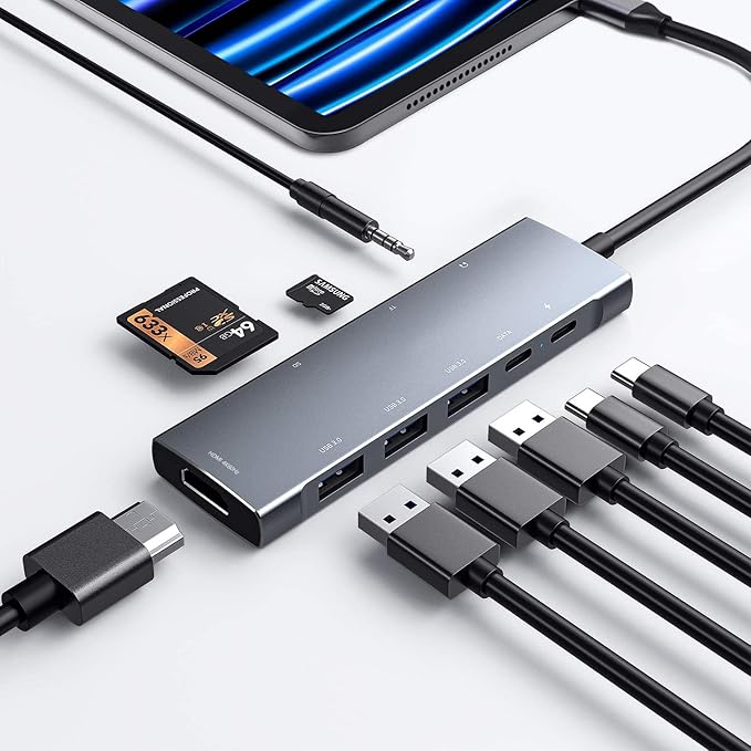 USB C HUB for iPad Pro 9-in-1 Adapter iPad Pro M4 M2 M1 13 12.9 11 inch iPad Air 5 4 Docking Station with 4K HDMI USB-C PD SD/TF Card Reader USB 3.0 3.5mm Headphone Jack Type C Data iPad mini 6