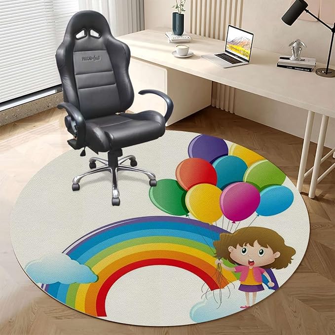 Multi PU Leather Office Chair MatComputer Gaming Desk Chair Mat Rainbow Sky with Balloons Colors Romantic Gaming Computer Chair Mat for Home Office Gaming Room Cartoon Diameter 35.4 in