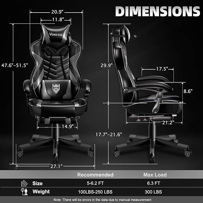 Vonesse Gaming Chair Big and Tall Gaming Chair with Footrest and Massage Gaming Chairs for Adults with Lumbar Support Ergonomic High Back Computer Chair with Pocket Spring Cushion (Grey/Black)