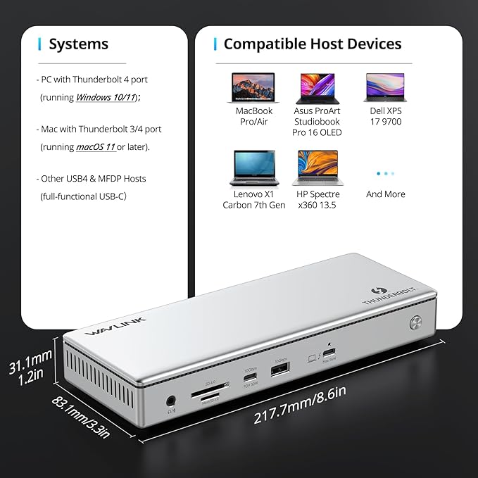 WAVLINK Thunderbolt 4 Dock with 100W Charging Thunderbolt Certified Driverless Laptop Docking Station with 4K HDMI Dual Monitor or Single 8K for Windows or Mac 4X USB 2.5G EthernetSD/MicroSD