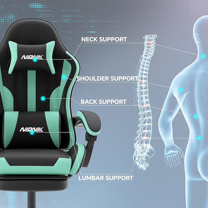 Gaming Chair Ergonomic Computer Chair with Footrest and Lumbar Support Height Adjustable Game Chair with 360°-Swivel Seat and Headrest and for Office or Gaming BLACKMINTGREEN