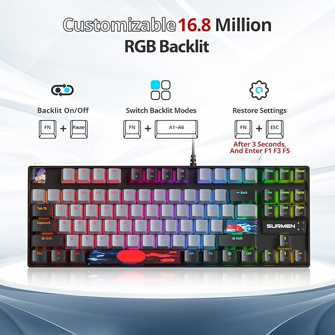 Owpkeenthy 75% Mechanical Gaming Keyboard with Red Switch RGB Backlit Keyboard 87 Keys Compact TKL Wired Computer Keyboards for Laptop PC Gamer Xbox PS (Grey/ 87 Red Switch)