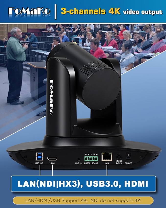 FoMaKo 4K PTZ Camera HDMI NDI AI Auto-Tracking Gen 3 20X Optical Zoom PTZ Camera 4K for Church Worship(Support NDI 6 &amp NDI HX3) K20UH NDI VersionBlack