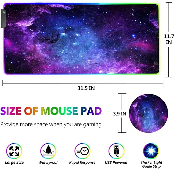 DINKY RGB Gaming Mouse Pad Large Extended Soft Led Mouse Pad with 14 Lighting Modes Water Resist Keyboard Pad Computer Keyboard Mousepads Mat 31.4×11.8 inches- Purple Nebula