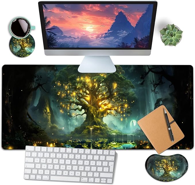 Large Mouse Pad with Mouse Wrist Rest 31.5x11.8 in Extended Mouse Mat with Non-Slip PU Base Ergonomic Memory Foam Wrist Rest for Work &amp Gaming Writing Pad Tree of Life Pattern Office Desk Pad