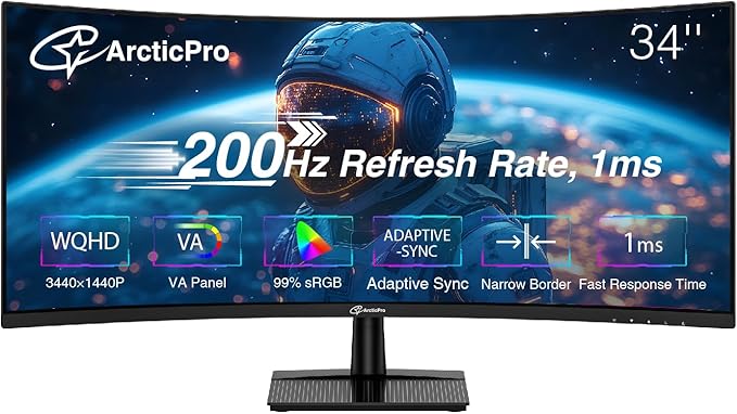 ArcticPro 34inch 200Hz Curved Gaming Monitor WQHD 3440*1440p 1ms Response Time Adaptive sync 3000:1 Contrast 3-Sided Frameless Ultra Slim 120% sRGB Bluelight Filter HDMI(TMDS)&amp DP PortsB