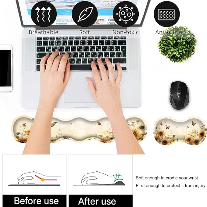 Bxgolkgd Desk Mat SetMouse Pad with Keyboard Wrist Rest &amp Mouse Wrist RestWave-Shaped DesignNon-Slip Rubber BaseErgonomic Desk Mat for HomeOfficeGamingSunflower Butterfly