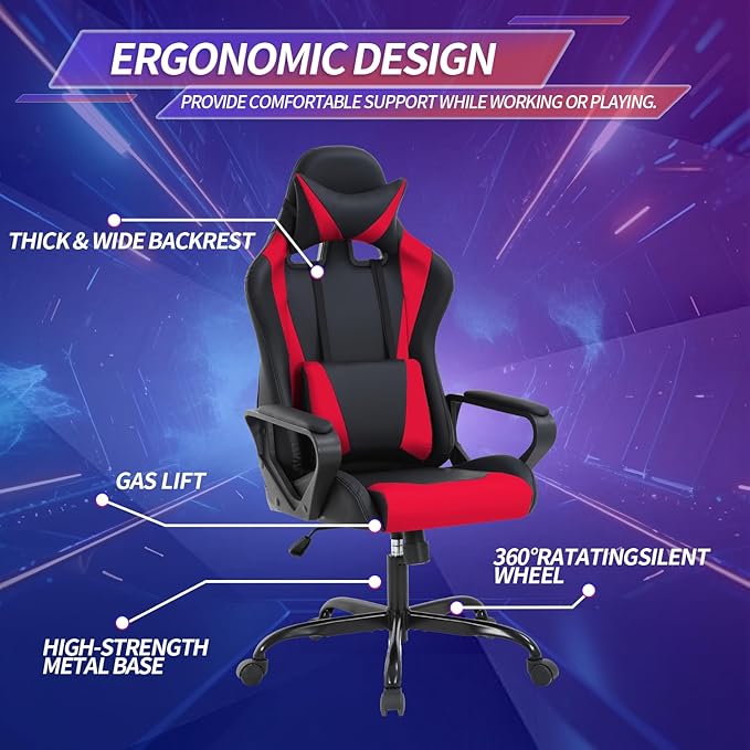 Gaming Chair High-Back Office Chair Ergonomic Video Game Chairs Height Adjustable Reclining Computer Chair with Lumbar Support Armrest Headrest Swivel Chair Game Chair for Adult Teen - Red