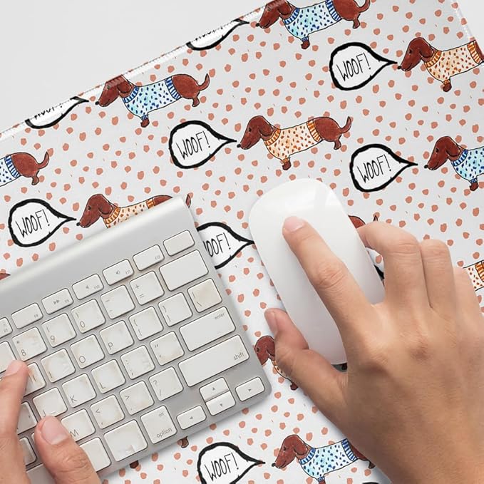 Woof Goes The Wieners Dachshunds Dogs in Sweaters Pattern Large Gaming Mouse Pad Desk Mat with Stitched Edges Non-Slip Base
