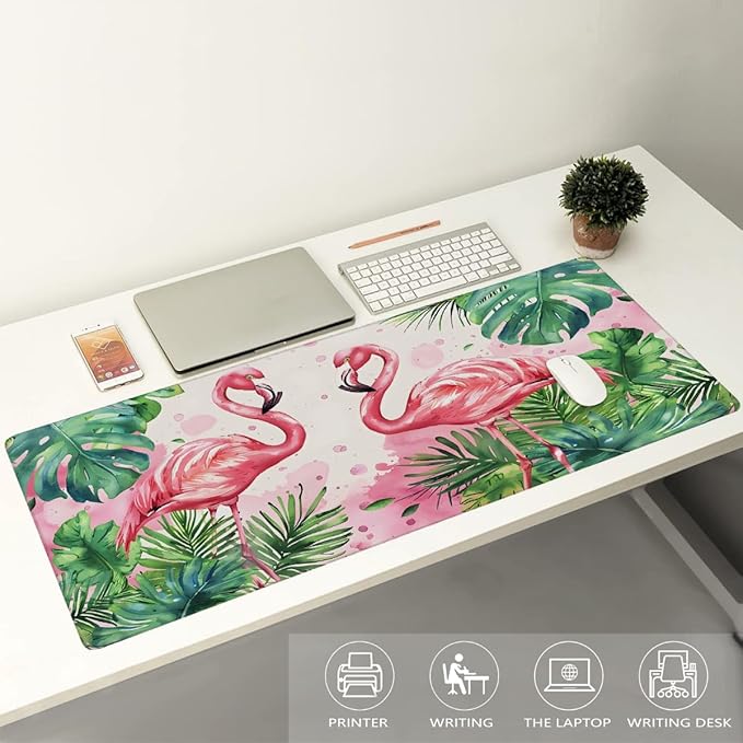 Pink Flamingo Leaf Large Mouse Pad Gaming Mousepad Desk Mat for Desktop Computer Keyboard Waterproof Mouse Mat Desk Pad with Non-Slip Base for Game School Office Home 35.4 x 15.7
