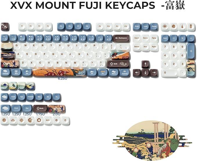OHY XVX MOA Profile Keycaps Set Japanese Mount FujiTheme 132 - Key White &amp Blue Custom Keycaps with PBT + Frosted Translucent PC Material for ANSI Layout Mechanical Keyboards- - Musashi Senju
