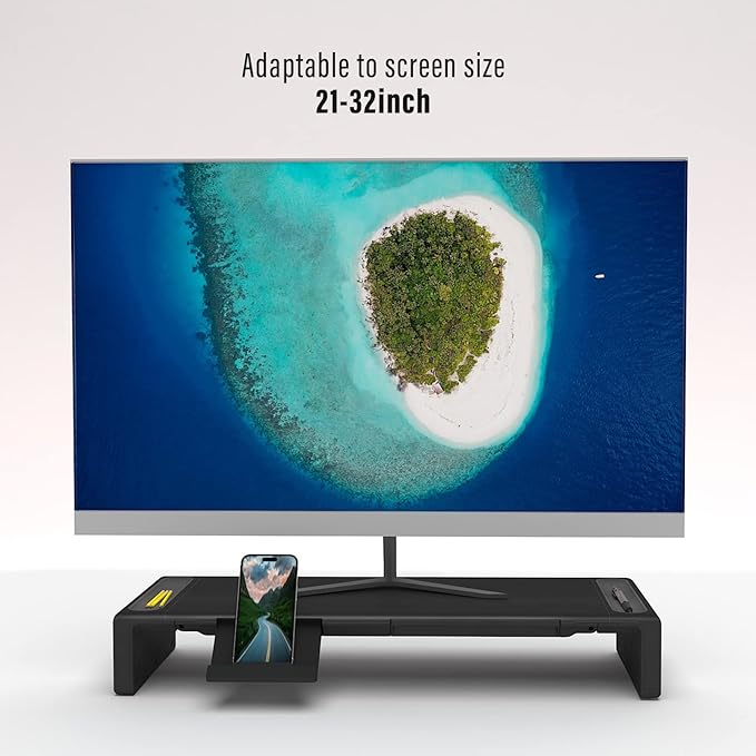 OImaster Monitor Stand Riser Foldable Computer Monitor Riser Adjustable Length Computer Stand and Storage Drawer &amp Pen Slot Phone Stand Compatible Computer Desktop Laptop Save Space (Black)