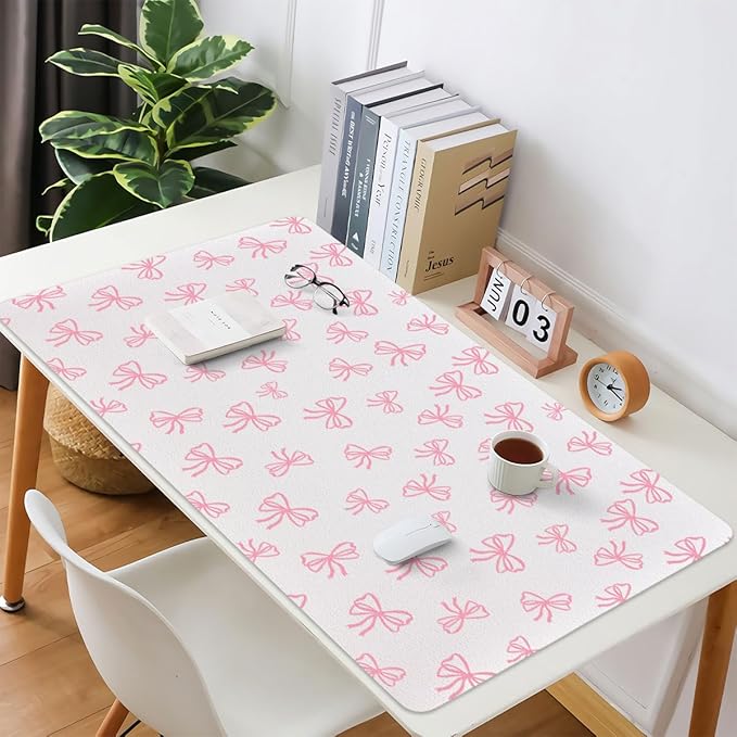 Cute Pink Bow White Extended Gaming Keyboard Mouse Pad Non-Slip Leather Home Office Desk Mat Protector Laptop Desk Pad Writing Pad