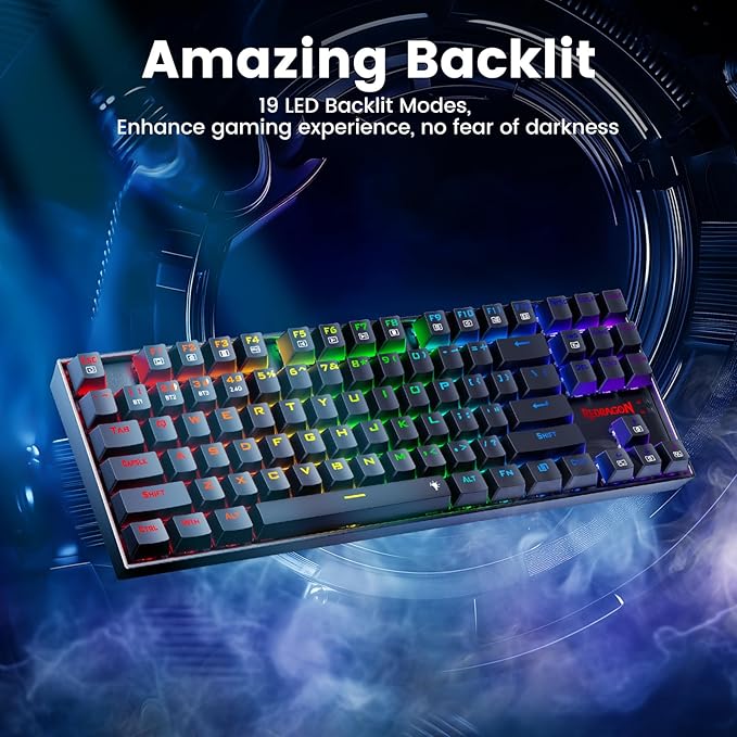 Redragon Wireless Gaming Keyboard BT/2.4Ghz Tri-Mode Mechanical Keyboard buit-in Battery Programmable 87 Keys TKL LED Rainbow Backlit - K552-KRS