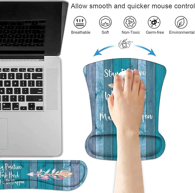 Keyboard Wrist Rest and Mouse Pad Wrist Support Set with Coasters Stay Positive Work Hard and Make It Happen Inspirational Quote Wrist Mouse Pad with Non-Slip PU Base for Home Office Working Studying